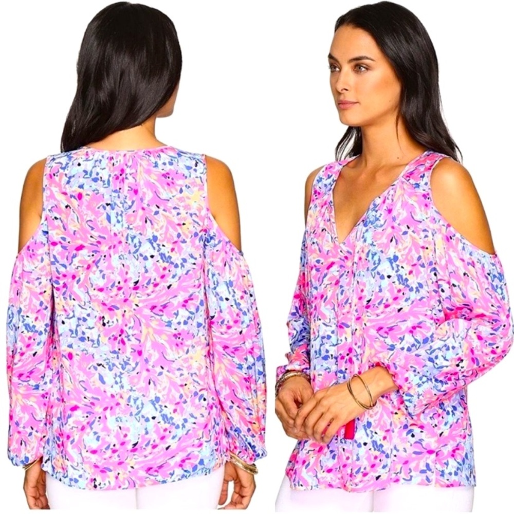 Lilly Pulitzer Finch Cold Shoulder Top Silk Tassels Pink Coco Coral Crab XS